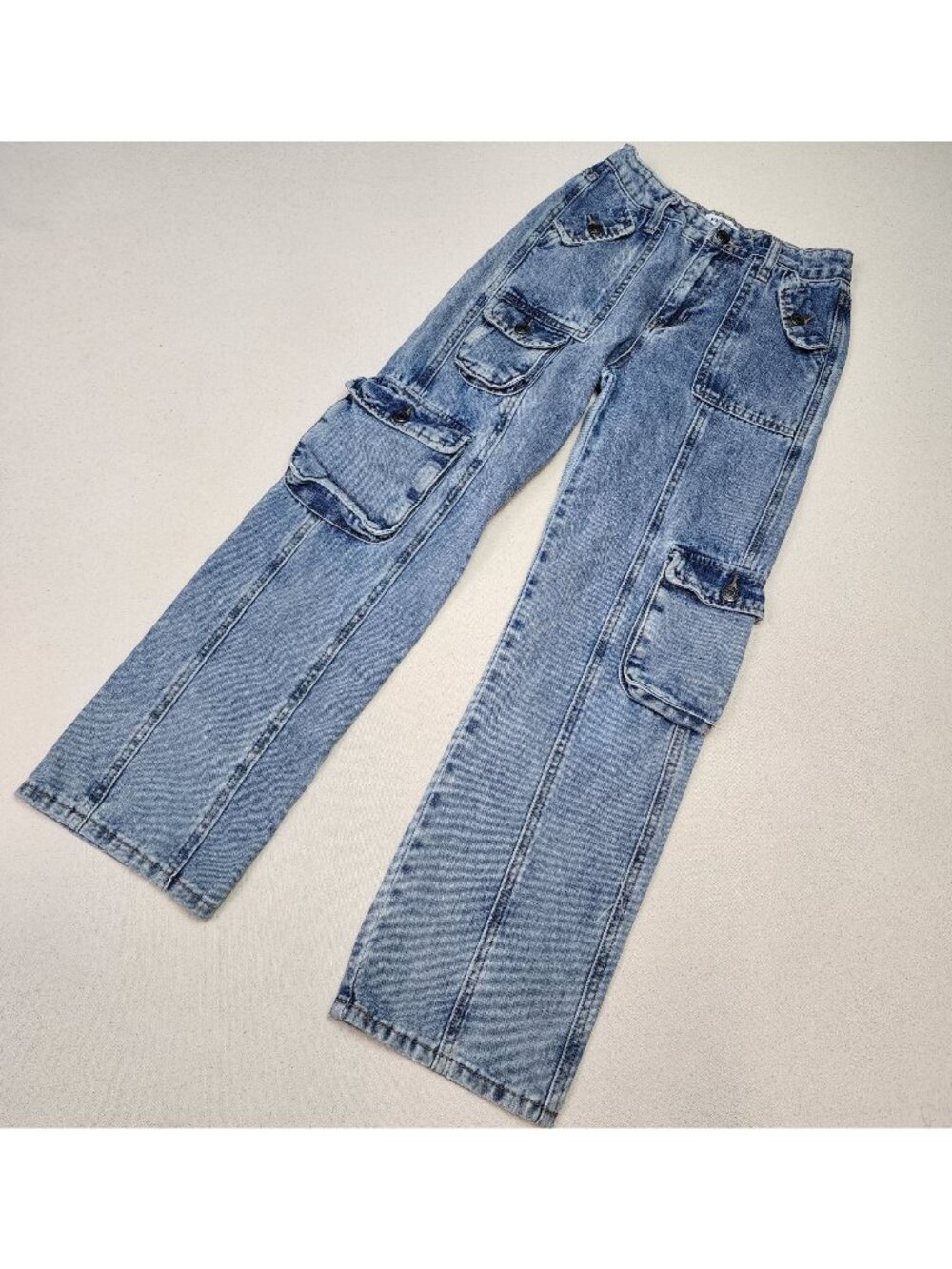 RSQ Girls Wide Leg Mid Rise Streetwear Skater Blue Cargo Jeans Sz 12 24/25